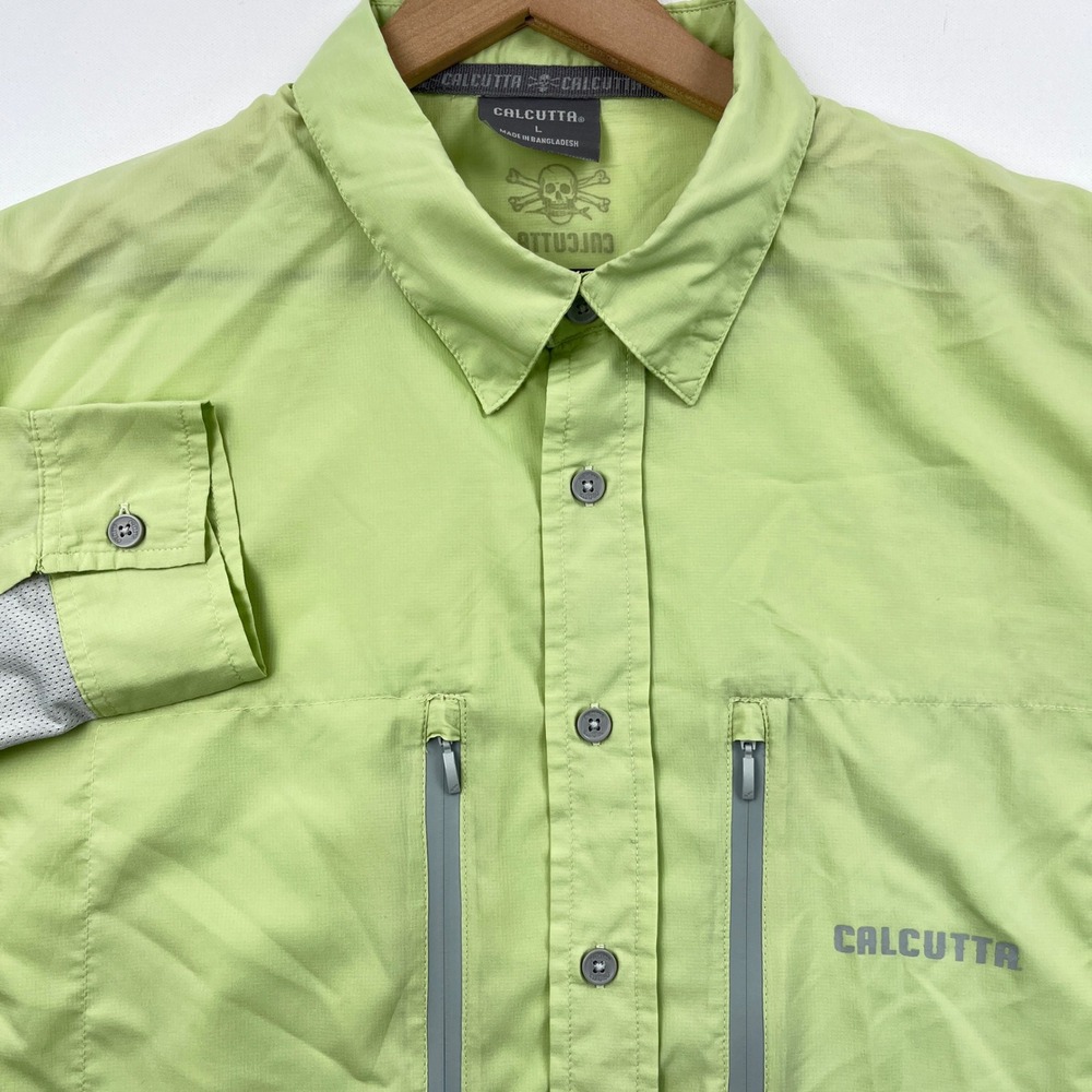 Calcutta Mens Large Green Long Sleeve Vented Fishing Shirt Button Up